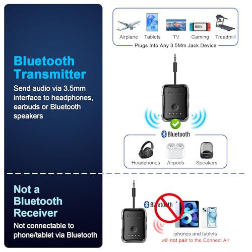 Premium Bluetooth 5.4 Airplane Audio Adapter, 30Hrs Playtime, aptX Adaptive & HD Audio Transmitter for AirPods/Bose, Supports 2 Headphones for Travel Flight & TV - color: Black