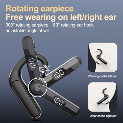 Single Bluetooth Phone Earpiece 48Hrs Earbud One Ear Piece Open Ear Bud Air Bone Conduction Earless Out of Ear Headphones Bluetooth Wireless Headset with Mute Microphone Earhook for Work