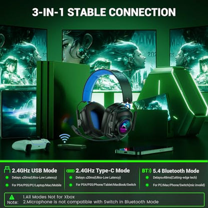 2.4 GHz Wireless Gaming Headset with Microphone,Low Latency,50mm Drivers | For PC,PS5,PS4,Switch,Mac,Bluetooth 5.4 Gaming Headphones,Noise Canceling, Lightweight,Cool RGB,1200mAh,Foldable-Black Blue