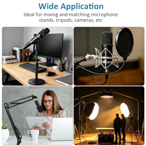 14 Pcs Mic Stand Adapter Set with 2 Extension Tubes, 1/4 to 5/8 & 3/8 to 5/8 Threaded Screw Mount for Microphone Boom Arm, Camera Tripod, Shock Mount(Black)