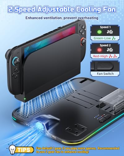 FASTSNAIL Charging Dock & Orgainzer Station & Fan for Nintendo Switch 2/1 | Charger Stand for Joycon 2/1, Storage for 4 Joypads, Pro Controller, 12 Card Slots, Headset Holder & NS2 Dock, 9 RGB Modes