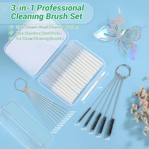 MAPVOLUT 50-in-1 Shower Head Cleaner Kit with Stainless Steel Needles | Reusable Straw Brush | Unclog Tiny Nozzles for Shower, 3D Printer, Straws, Faucets, Electronics | White - color: White