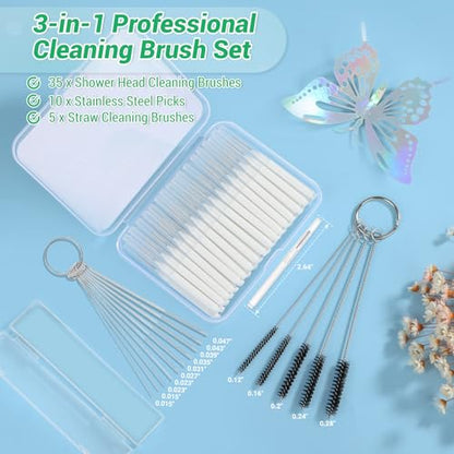 MAPVOLUT 50-in-1 Shower Head Cleaner Kit with Stainless Steel Needles | Reusable Straw Brush | Unclog Tiny Nozzles for Shower, 3D Printer, Straws, Faucets, Electronics | White - color: White