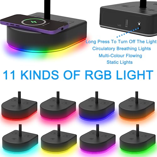 RGB Headphone Stand with Wireless Charger Desk Gaming Headset Holder Hanger Rack with 15W/10W/7.5W QI Charging and USB Port Suitable for Gamer Desktop Table Game Earphone Accessories