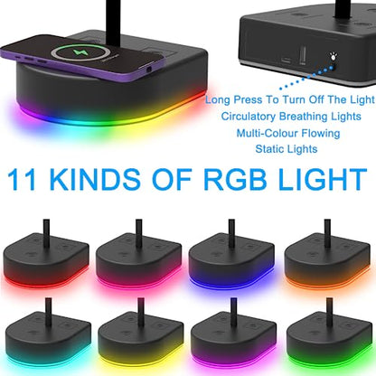 RGB Headphone Stand with Wireless Charger Desk Gaming Headset Holder Hanger Rack with 15W/10W/7.5W QI Charging and USB Port Suitable for Gamer Desktop Table Game Earphone Accessories