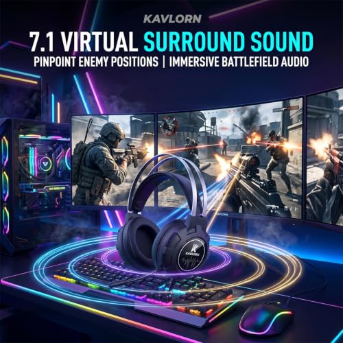 Gaming Headset,Lightweight Gaming Headphone: 7.1 Surround Sound | Self-Adjusting Suspension Headband,50MM Drivers&Noise Canceling Mic,Cool RGB lighting ,One-Key Volume Roller,Wired USB