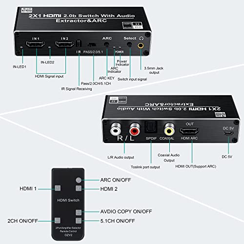 avedio links HDMI Switch Audio Extractor, HDMI Switch Splitter 2 Inputs 1 Output with Remote 4K@60hz, 2-Port HDMI2.0b Switcher Box with Optical Toslink SPDIF+Coaxial+Analog RCA Stereo Audio Out