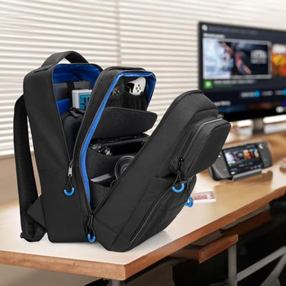 PGmoon Carrying Backpack Compatible with Steam Deck, | Travel Case Bag with Separate Game Cards Holder, Multi-Pockets For Game Headset, Docking Station, Controllers