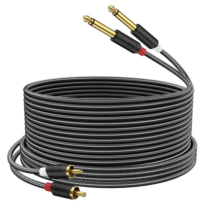 J&D RCA to 1/4" Stereo Audio Interconnect Cable, 20 Feet | Dual 1/4 inch TS to 2RCA Cable with Nylon Braided Jacket, Gold-Plated Plugs and Dual Shielding for Mixers, Amps and Hi-Fi - size: 20 Feet