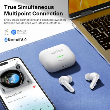 EarFun Air Pro 4+ Adaptive Noise Cancelling Wireless Earbuds, Dual Drivers | Qualcomm aptX Lossless, Translation Earbuds, Snapdragon Sound, 6 Mics AI Calls, Hi-Res Sound, LDAC, Bluetooth 6.0, 54H, White - color: White
