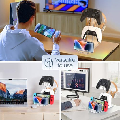 Kzlaonef Acrylic Game Console Shelf for PS5/Xbox/Switch | Desk Organizer with Headset & Controller Holder | Modern Gaming Accessory Storage