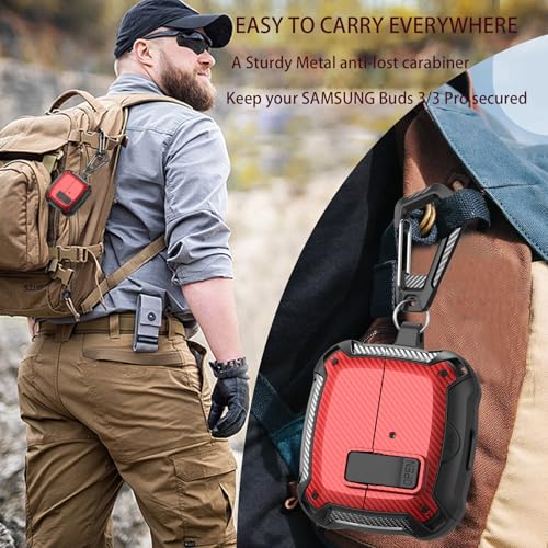 Compatible with Samsung Galaxy Buds 3 Pro Case/Bud3 Cover Lock Clip with Phone Stand for Men, Military Shell Galaxy Buds Pro 3/ Bud 3 Protective Armor Skin with with Cleaner Kit & Carabiner - color: ABlack/Red