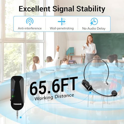 TONOR Wireless Headset Microphone, UHF Microphone Headset System, Head Handheld Mic 2 in 1, Ear Mic with 20 Channels, 65ft Range for Fitness, Teaching, Tour Guide, Voice Amplifier, Speaker, PA, TW100