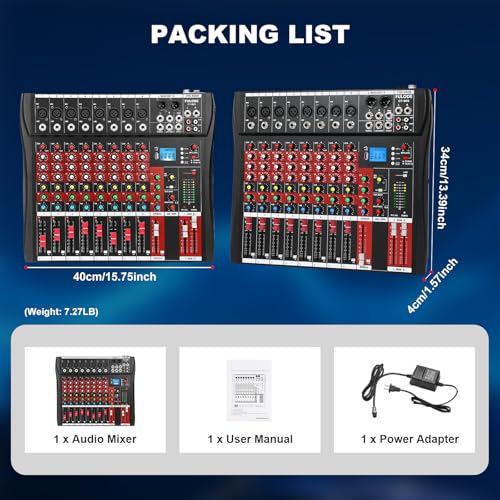8 Channel Audio Mixer, Professional Music Mixer Board DJ Mixing Console with Bluetooth, USB/MP3 Player, Reverb, and 48V Phantom Power for Studio Recording, Karaoke, and Live Performances