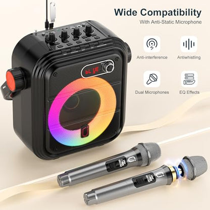 JYX Karaoke Machine with 2 Wireless Microphones, Portable Bluetooth Speaker PA System with Shoulder Strap, RGB Lights, Subwoofer Support TWS, USB, Radio, AUX, REC, Bass&Treble for Home Party/Adults - color: Glossy Black