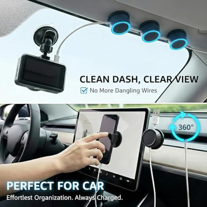 Magnetic Cable Organizer 8-Pack Glossy Black - Rotating Magnetic Clip Cord Keeper for Desk, Nightstand & Car - Adhesive Management System for USB & Power Wires
