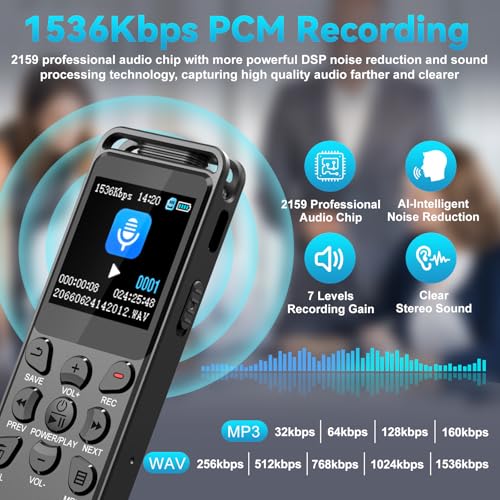 Digital Voice Recorder with Playback, Volorful 80H HD Recording Device | External Microphone, AI Noise Reduction, One Touch Recording/Lock, Voice Activated, Password, Lecture Meeting Interview Class