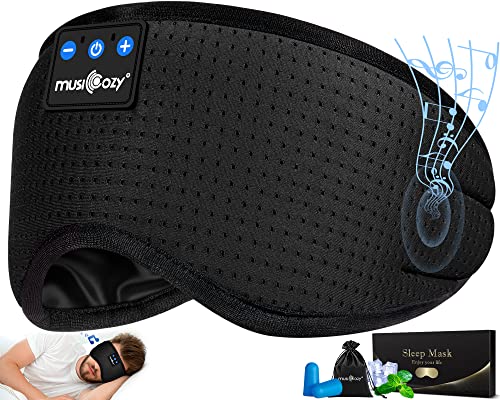 MUSICOZY Sleep Headphones Bluetooth 5.4 Sleep Mask with HD Sound | Breathable Flat Design with Cooling Lining, Washable Headband, 14 Hours Playtime for Travel Meditation Relaxation Gifts - color: Matte Black