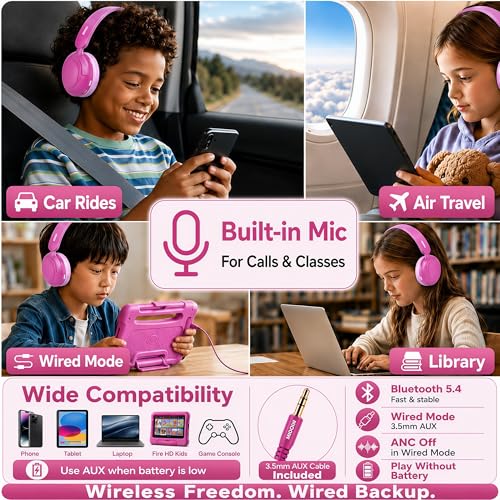 Kids Bluetooth Headphones Wireless,ANC,68H,Safe Volume Limit 85/94dB Pink | Active Noise Cancelling,Adjustable Headband Foldable Over-Ear for Toddler Girls Boys Tablet/iPad,HD Stereo,Built Mic - color: Rose Pink