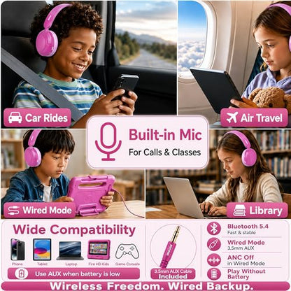 Kids Bluetooth Headphones Wireless,ANC,68H,Safe Volume Limit 85/94dB Pink | Active Noise Cancelling,Adjustable Headband Foldable Over-Ear for Toddler Girls Boys Tablet/iPad,HD Stereo,Built Mic - color: Rose Pink