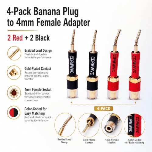 Banana Plug to 4mm Female Adapter 4-Pack, 30A Gold-Plated Spring-Loaded Flex Pin, Color-Coded Red/Black, 6-24AWG for Yamaha Sony Denon Amplifier Receiver Home Theater Speaker Binding Post Wall Plate
