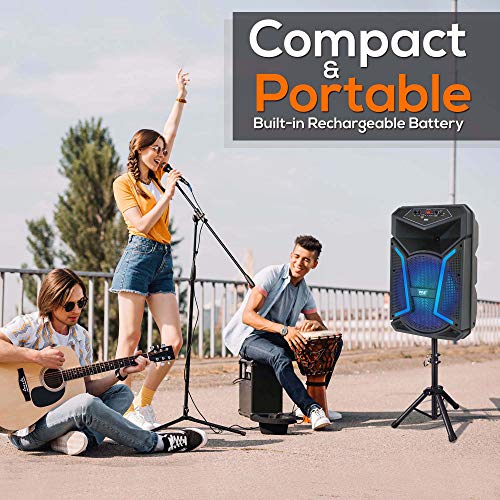 Portable Bluetooth PA Speaker System-800W Outdoor Bluetooth Speaker Portable PA System w/Microphone in, Party Lights, MP3/USB SD Card Reader, FM Radio, Rolling Wheels-Mic, Remote-Pyle PPHP122SM.5