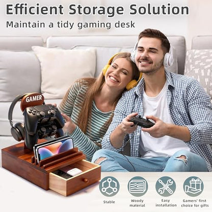 Gamer Controller Holder Headphone Stand with Storage Drawer for Gaming Equipment,Wood Gamer Gifts for Teenage Boy,Headpset Stand Gaming Desk Accessories for Fathers Day Men,Son,Husband