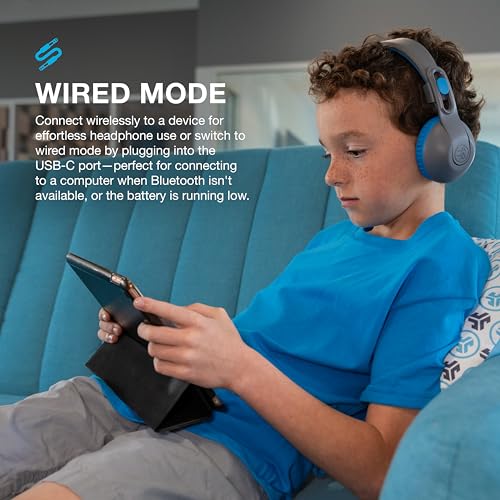 JLab, JBuddies Studio 2, Kids Wireless Headphones, On Ear, Bluetooth, Volume Limiter, Share Mode, Foldable, Grey/Blue