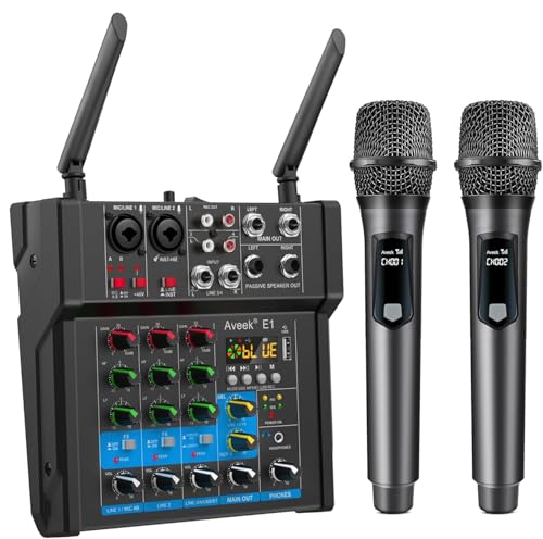 Aveek 150W x2 Powered Amplifier Audio Mixer, 4 Channel with 2 Wireless Mics