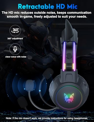 Lightweight Gaming Headset, RGB Lighting, Wired Over Ear Headphones with Mic for PC Laptop PS4 PS5 Switch, Stereo Surround Sound, Self-Adjusting Headband, Black Cat Ear - color: Black Cat Ear