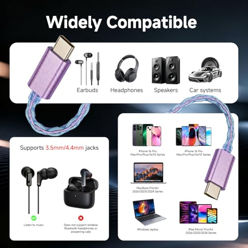CVJ Lila USB C Headphone Amp DAC Dongle 3.5mm Jack Audio Portable Amplifier | Dual Output DSD 256, 4.4mm Balanced, High Res 32bit/384kHz, ES9039Q2M Chip for iPhone 15 Pro Max Plus iPad Android Phone - color: Purple