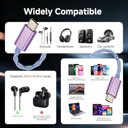CVJ Lila USB C Headphone Amp DAC Dongle 3.5mm Jack Audio Portable Amplifier | Dual Output DSD 256, 4.4mm Balanced, High Res 32bit/384kHz, ES9039Q2M Chip for iPhone 15 Pro Max Plus iPad Android Phone - color: Purple
