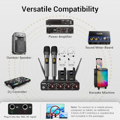 TONOR Wireless Microphone System, Handheld Mic Set with Headset/Lapel Mics | Lavalier Mic with Bodypack Transmitter, Receiver, 60 m/200ft Range Compatible with PA Speaker, for Karaoke, Singing, Church - style: 2 Handheld 2 Bodypack Mics