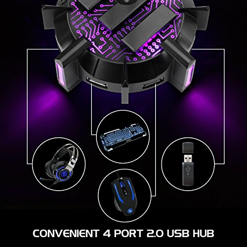 ENHANCE Gaming Headphone Stand Headset Holder with 4 Port USB Hub, Customizable LED Lighting, Flexible Acrylic Neck - Universal Hanger with Weighted Base for Wired or Wireless Headsets - PS4, Xbox, PC