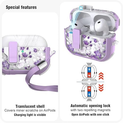 WENEW for AirPods Pro 3 Case (2025) Cover Secure Lock Automatic Snap Switch Clip Cleaner Kit Lanyard Women Stylish Flower Hard Shell Full Body Front LED Visible (Purple Flower, AirPods Pro 3) - color: Purple flower, size: AirPods Pro 3