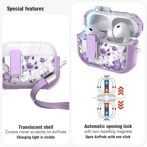 WENEW for AirPods Pro 3 Case (2025) Cover Secure Lock Automatic Snap Switch Clip Cleaner Kit Lanyard Women Stylish Flower Hard Shell Full Body Front LED Visible (Purple Flower, AirPods Pro 3) - color: Purple flower, size: AirPods Pro 3