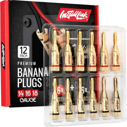 Install Link Banana Plugs for Speaker Wire (12 Pack) Gold-Plated, Red/Black | 14/16/18 AWG (Gauge), Expanding Pins into 4mm Binding Posts, 6 Red + 6 Black, for Home Theater Amps & Receivers