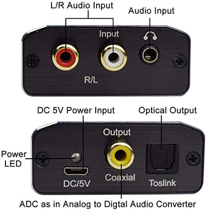 Analog to Digital Audio Converter,Hdiwousp Aluminum RCA to Optical with Optical Cable, Stereo L/R and 3.5mm Jack to Digital Toslink Coaxial Audio Adapter Compatible with PS4 Xbox HDTV DVD Headphone.