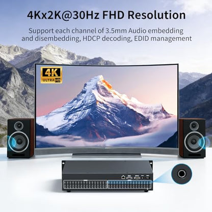 16x16 Seamless 4K HDMI Matrix with Video Wall Controller & 3.5mm Audio I/O | 6 Controls, Web GUI & IR | Custom Splicing | 4K@30Hz Downscale HDCP 1.4 EDID | Audio Embedding & Extraction | 2U Rackmount - size: HDMI Matrix 16x16 w/Video Wall