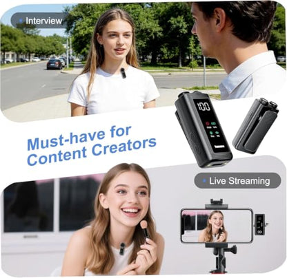 Wireless Lavalier Microphone for Phone Laptop Camera | Lightning & USB C Mic for iPhone, 24H Charging Case,Plug &Play Noise Reduction Mini Mic for Video Recording, Vlogging