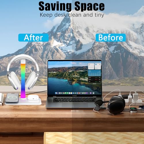 Headphone Stand with Wireless Charger,Gaming Headset Stand with RGB Light Mode,for iPhone17/16/15/14,Gifts for Gamers & Music Lover (White) - color: White