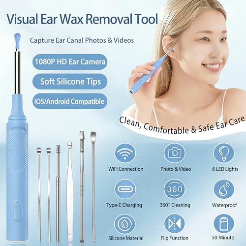 Ear Wax Removal Kit, Ear Cleaner with Camera, 1080P HD Ear Camera with Light, Ear Cleaning Camera Ear Pick Set, Ear Wax Removal Tool Camera Compatible with iOS & Android(Blue) - color: Blue