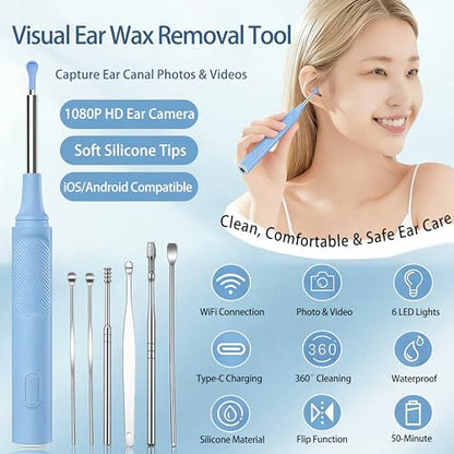 Ear Wax Removal Kit, Ear Cleaner with Camera, 1080P HD Ear Camera with Light, Ear Cleaning Camera Ear Pick Set, Ear Wax Removal Tool Camera Compatible with iOS & Android(Blue) - color: Blue