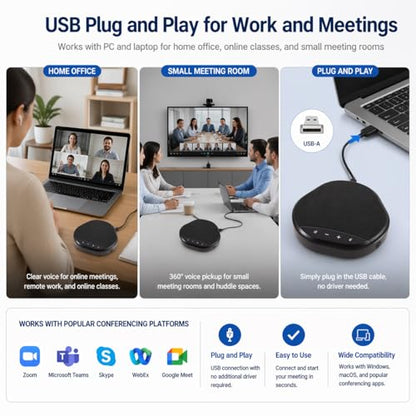 USB Speakerphone for PC, Conference Speaker and Microphone, Plug and Play, AI Noise Reduction and Echo Cancellation, Touch Controls, One-Tap Mute, LED Indicator, for Computer Desktop