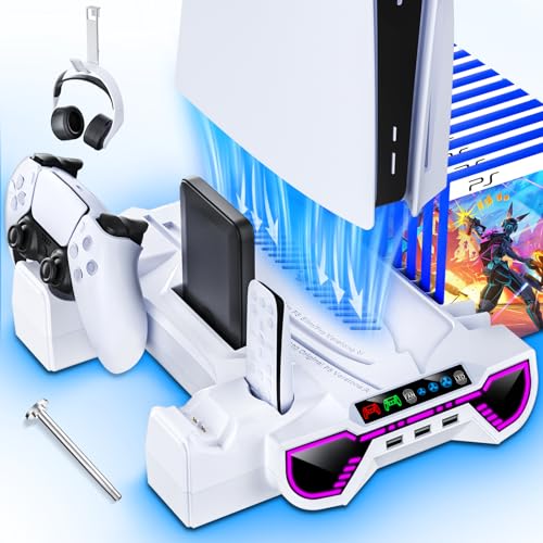 Cooling Station with Controller Charging Station for PS5/Slim/Pro Console | Cooling stand and Controller Charger Accessories for Playstation 5 - LED Light, Turbo Fan, Headset Holder, 3 USB Hub, White - color: White