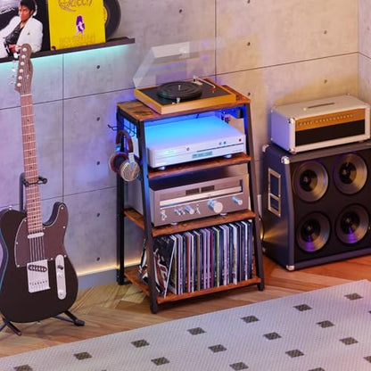 4-Tier AV Media Stand with Power Strips, Heavy Duty Stereo Cabinet Stand with LED Lights, Wooden Record Player Stand with 2 Hooks, Audio Stand Furniture Perfect for DVD Player/Game Console/TV Box/Xbox - style: With Outlet and Light