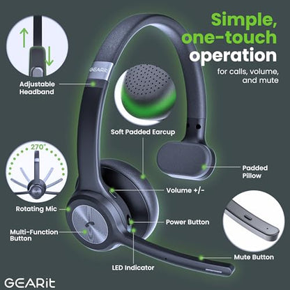 GEARit Wireless Bluetooth Headset with Mic - 35 Hrs Talk Time - for Trucker, w/Noise Cancelling Microphone & Mute Button - Easy to Set Up Wireless for Work, Phone Calls, Homes, Offices - size: MONO Headset w/ 35 Hrs Talk Time