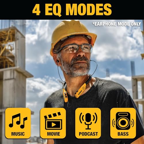 DEWALT Heavy Duty 2-in-1 Neckband Bluetooth Headphones w/Built-in Speakers, Jobsite Wearable Speaker & Around Neck Headphones, Wireless Bluetooth Headset, 60+ Hrs Hands-Free Music/Calls, Carry Pouch - color: Yellow and Black
