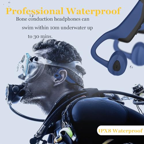 Bone Conduction Headphones, swimmingWireless Bluetooth Open Ear IP68 Waterproof Compatible with Android iPhone, Universal Earphones Headset Hi-Fi Stereo Sound for Swimming Gym Running, Blue