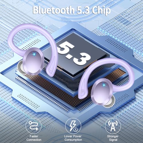 Wireless Earbuds Sport, 2025 Bluetooth 5.3 Headphones Bass Hi-Fi Stereo Over Ear Buds, 48Hrs Noise Cancelling Headset with Earhook, IP7 Waterproof Earphones Workout Running for Laptop Pad Android iOS - color: Purple